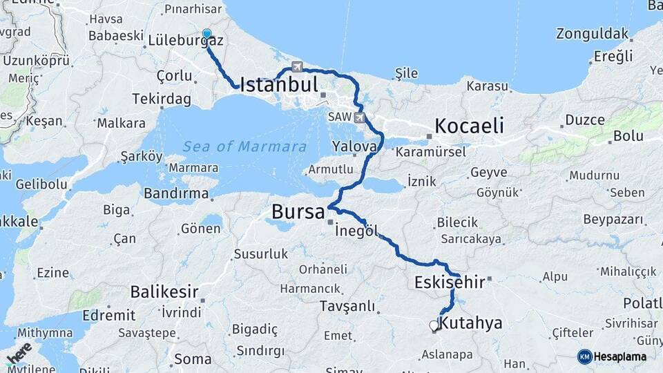 Tekirdağ Saray Kütahya Arası Kaç Km - Yol Haritası