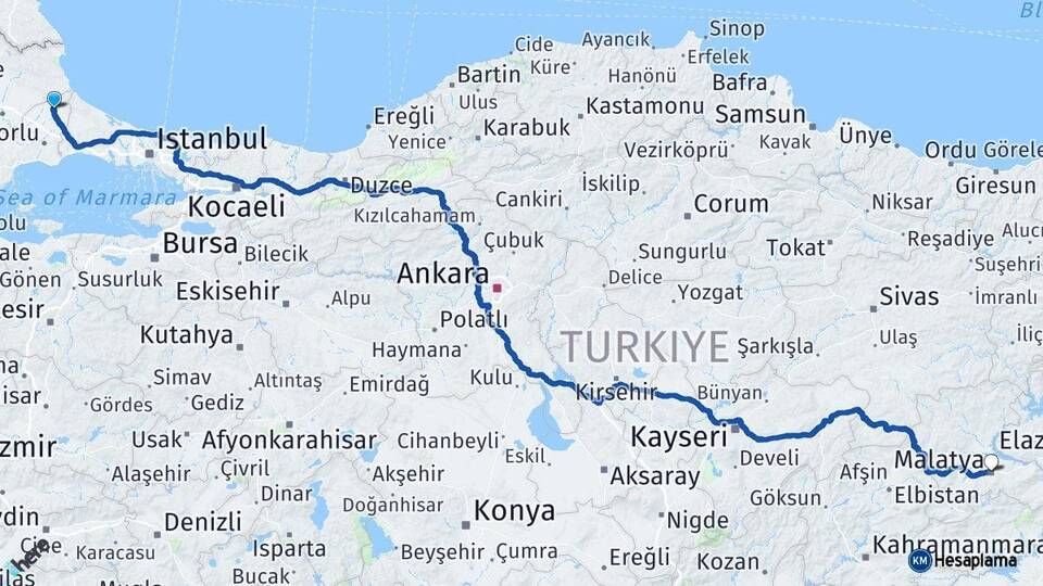 Tekirdağ Saray Malatya Arası Kaç Km - Yol Haritası