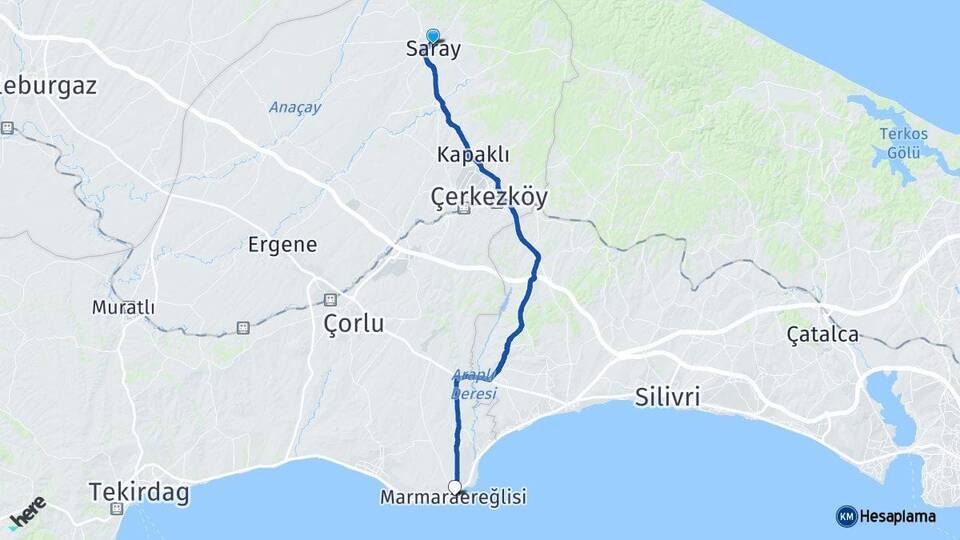 Tekirdağ Saray Marmaraereğlisi Arası Kaç Km - Yol Haritası