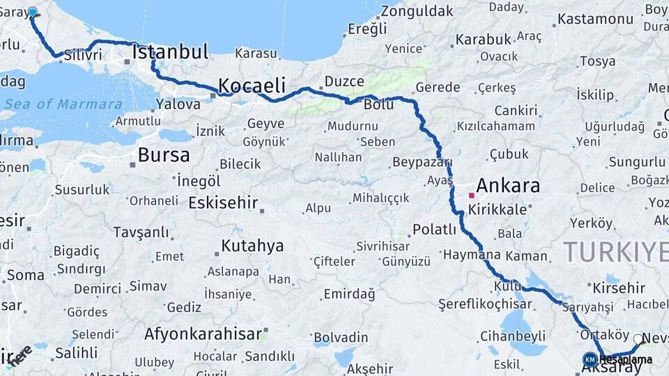 Tekirdağ Saray Nevşehir Arası Kaç Km - Yol Haritası