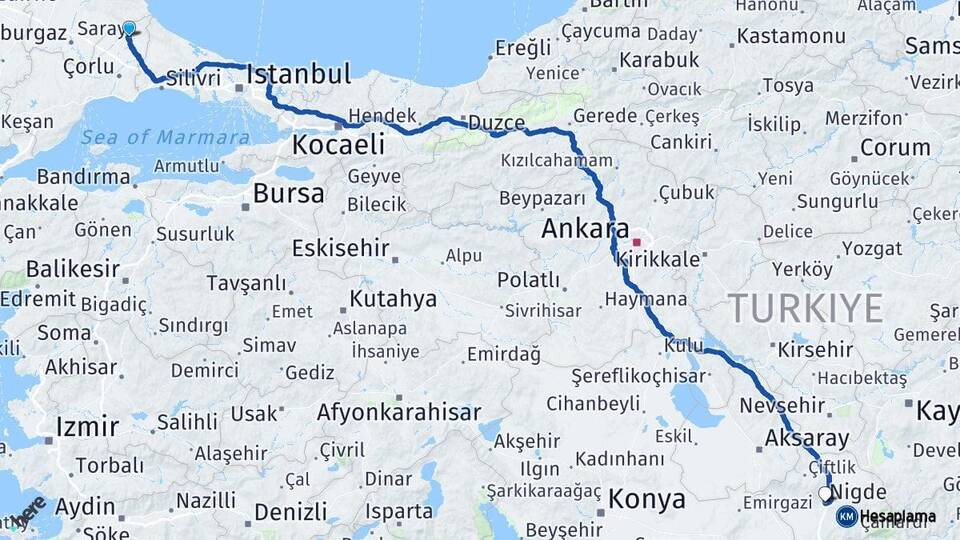 Tekirdağ Saray Niğde Arası Kaç Km - Yol Haritası