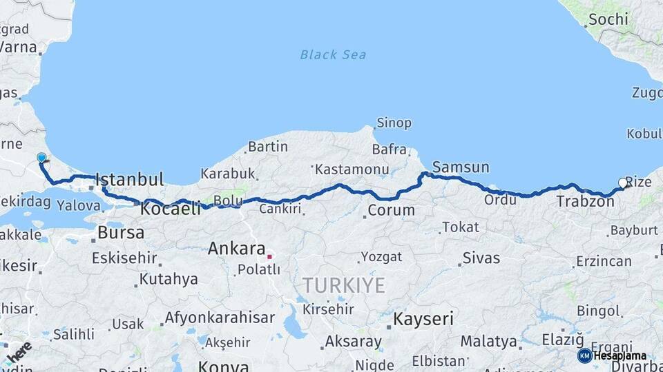 Tekirdağ Saray Rize Arası Kaç Km - Yol Haritası