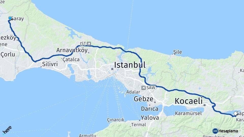 Tekirdağ Saray Sapanca Sakarya Arası Kaç Km - Yol Haritası