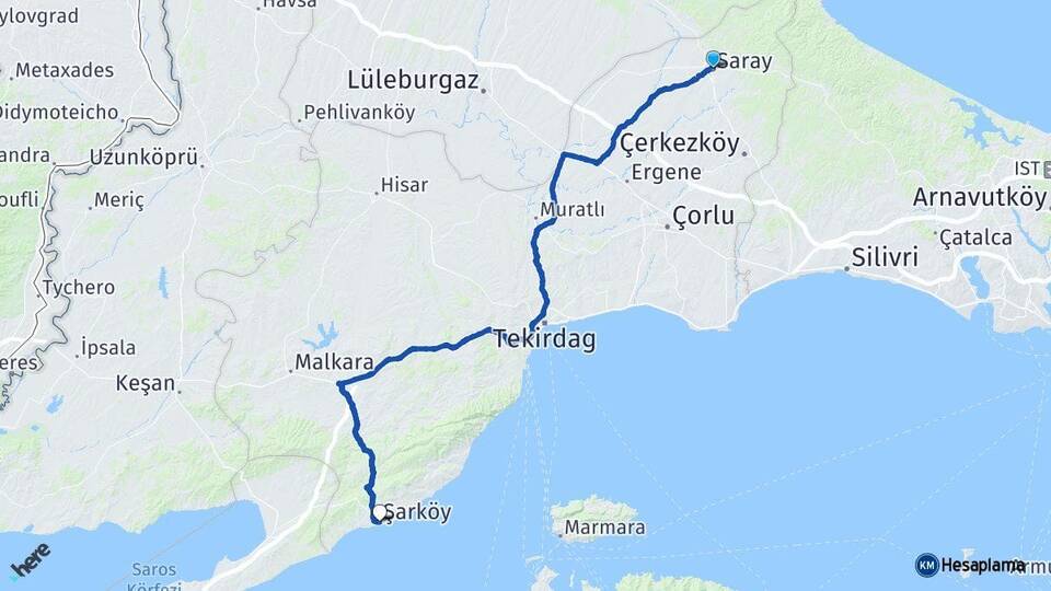 Tekirdağ Saray Şarköy Arası Kaç Km - Yol Haritası