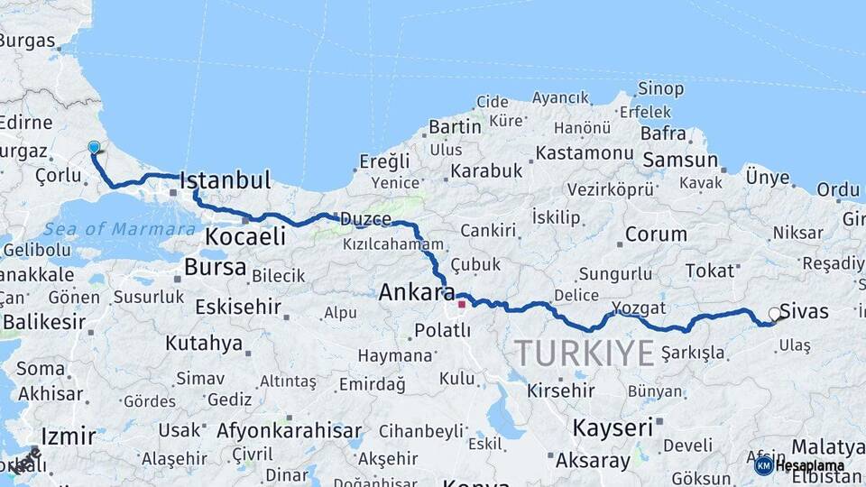 Tekirdağ Saray Sivas Arası Kaç Km - Yol Haritası