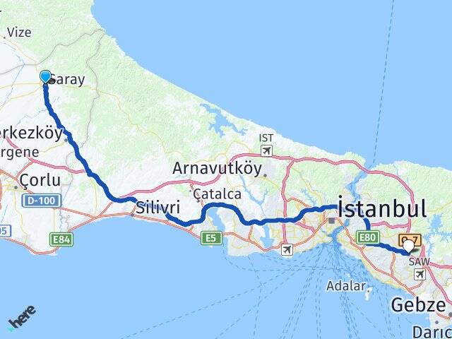 Tekirdağ Saray Sultanbeyli İstanbul Arası Kaç Km - Yol Haritası