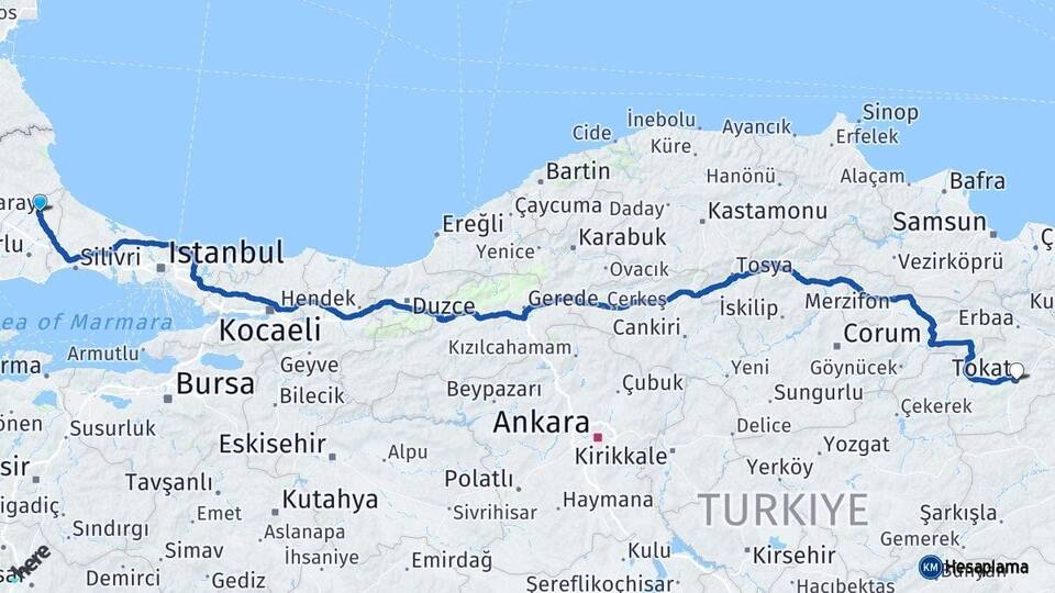 Tekirdağ Saray Tokat Arası Kaç Km - Yol Haritası