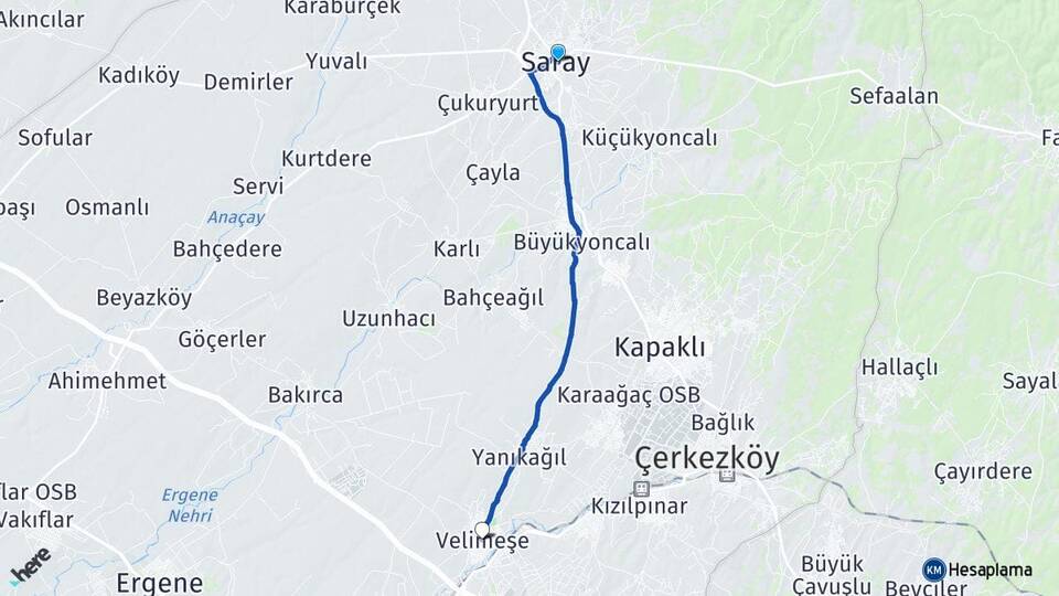 Tekirdağ Saray Velimeşe Ergene Arası Kaç Km - Yol Haritası