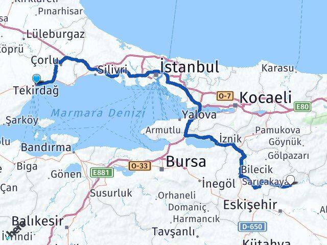 Tekirdağ Sarıcakaya Eskişehir Arası Kaç Km - Yol Haritası
