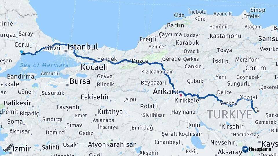 Tekirdağ Sarıkaya Yozgat Arası Kaç Km - Yol Haritası