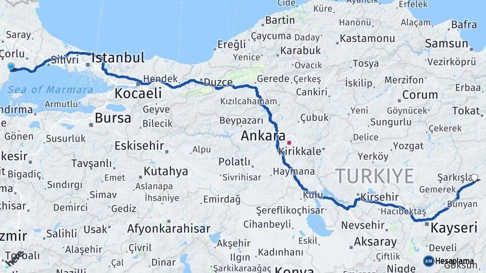Tekirdağ Şarkışla Sivas Arası Kaç Km - Yol Haritası