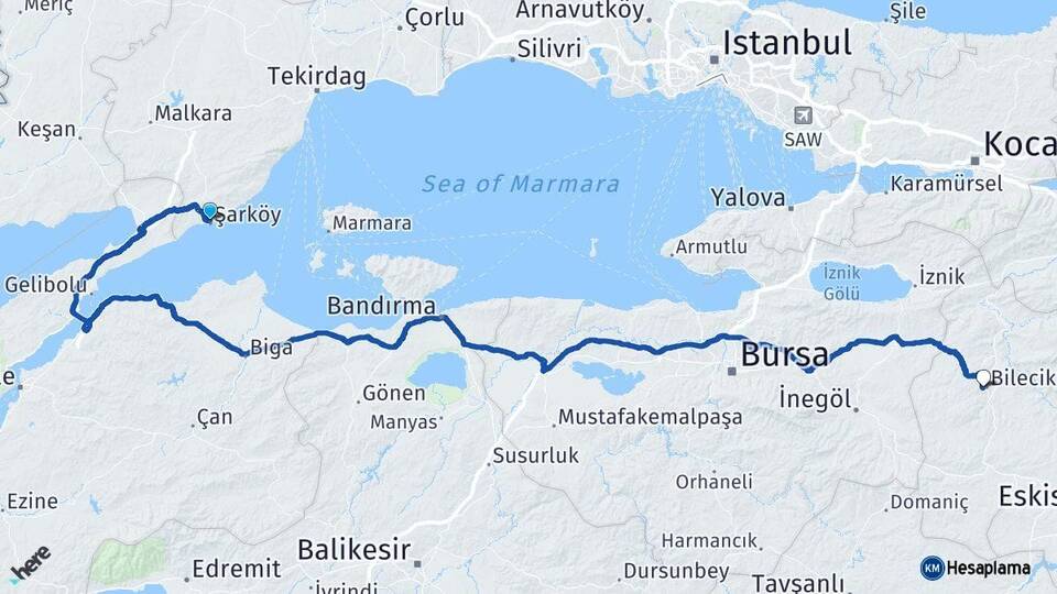 Tekirdağ Şarköy Bilecik Arası Kaç Km - Yol Haritası