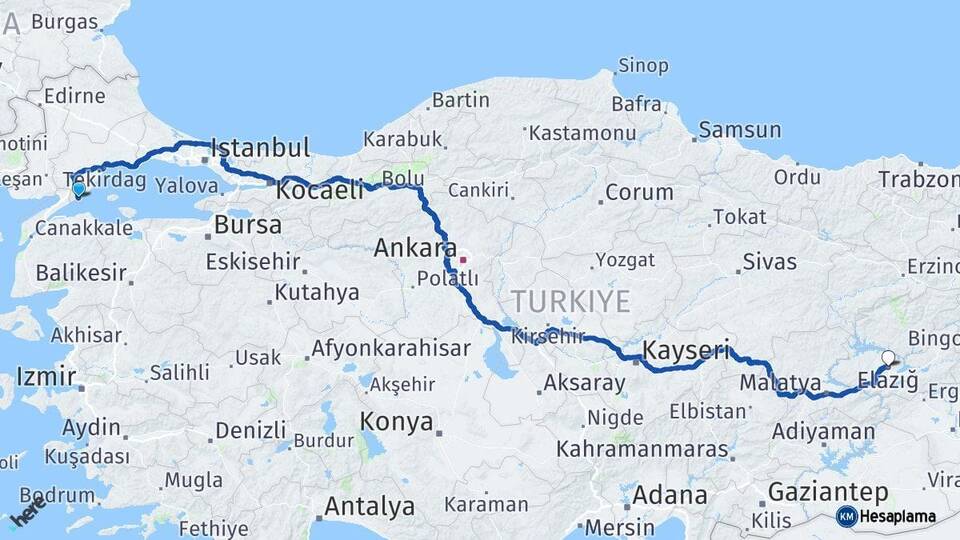 Tekirdağ Şarköy Elazığ Arası Kaç Km - Yol Haritası