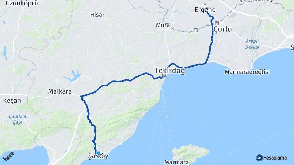 Tekirdağ Şarköy Ergene Arası Kaç Km - Yol Haritası