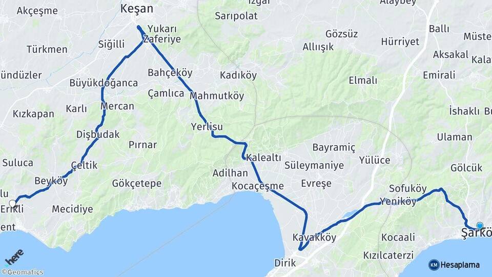 Tekirdağ Şarköy Erikli Keşan Edirne Arası Kaç Km - Yol Haritası