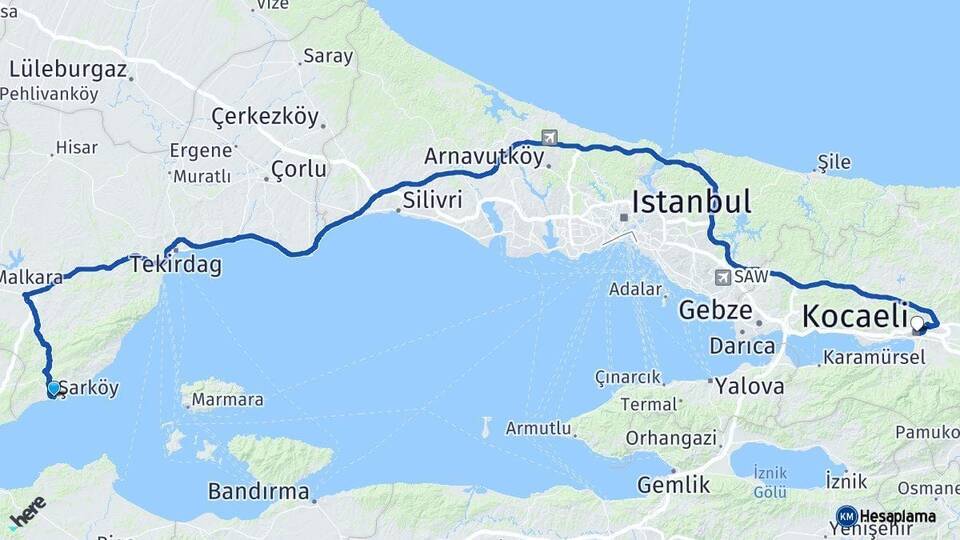 Tekirdağ Şarköy Kocaeli Arası Kaç Km - Yol Haritası