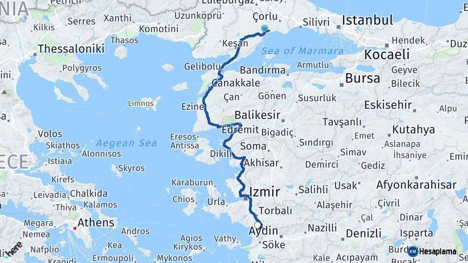 Tekirdağ Selçuk İzmir Arası Kaç Km - Yol Haritası