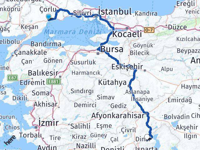 Tekirdağ Senirkent Isparta Arası Kaç Km - Yol Haritası