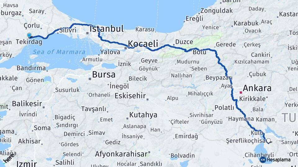 Tekirdağ Şereflikoçhisar Ankara Arası Kaç Km - Yol Haritası