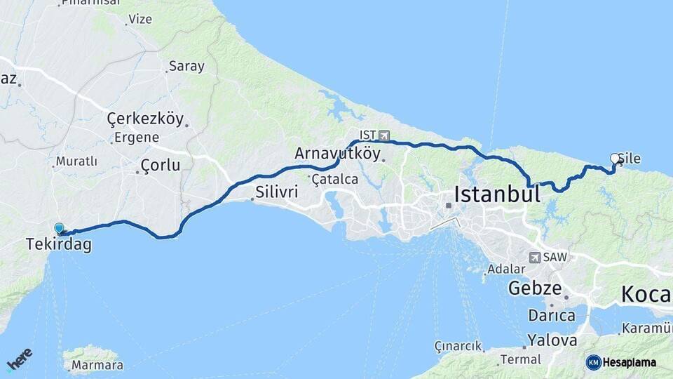 Tekirdağ Şile İstanbul Arası Kaç Km - Yol Haritası