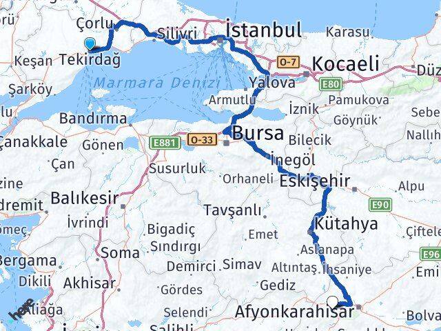 Tekirdağ Sinanpaşa Afyonkarahisar Arası Kaç Km - Yol Haritası