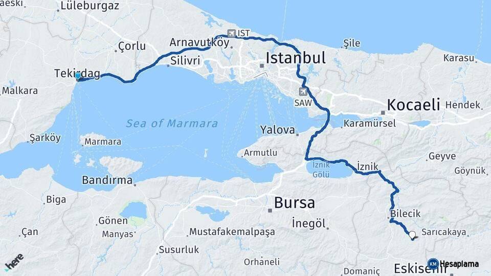 Tekirdağ Söğüt Bilecik Arası Kaç Km - Yol Haritası