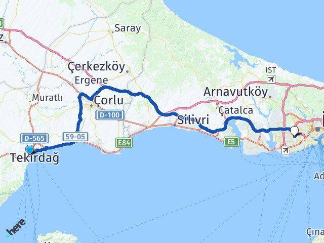 Tekirdağ Süleymanpaşa Bağcılar İstanbul Arası Kaç Km - Yol Haritası