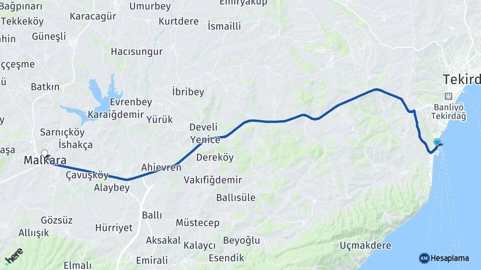 Tekirdağ Süleymanpaşa Barbaros Malkara Arası Kaç Km - Yol Haritası