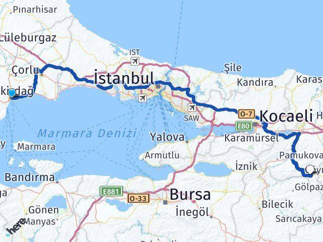 Tekirdağ Taraklı Sakarya Arası Kaç Km - Yol Haritası