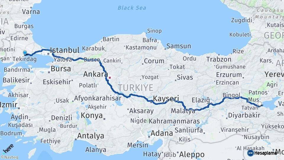 Tekirdağ Tatvan Bitlis Arası Kaç Km - Yol Haritası