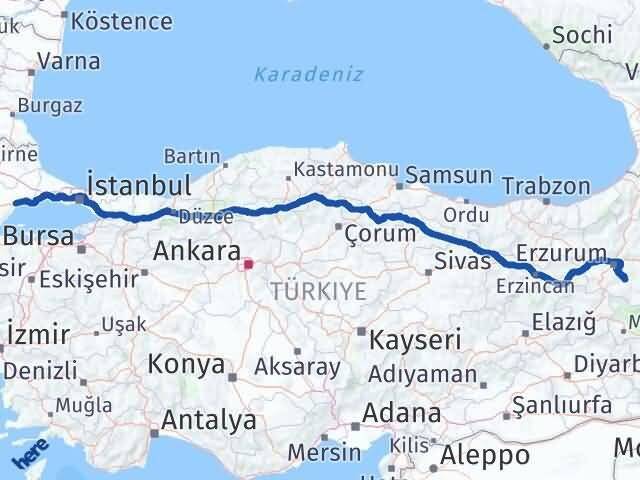 Tekirdağ Tekman Erzurum Arası Kaç Km - Yol Haritası