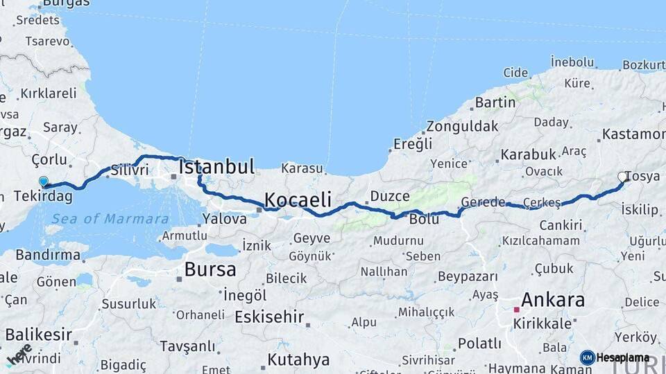 Tekirdağ Tosya Kastamonu Arası Kaç Km - Yol Haritası