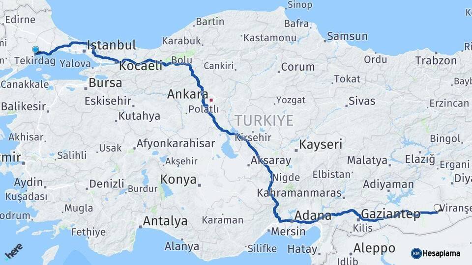 Tekirdağ Viranşehir Şanlıurfa Arası Kaç Km - Yol Haritası