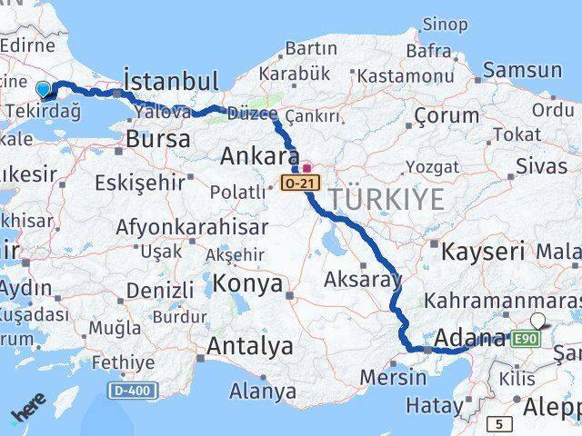 Tekirdağ Yavuzeli Gaziantep Arası Kaç Km - Yol Haritası