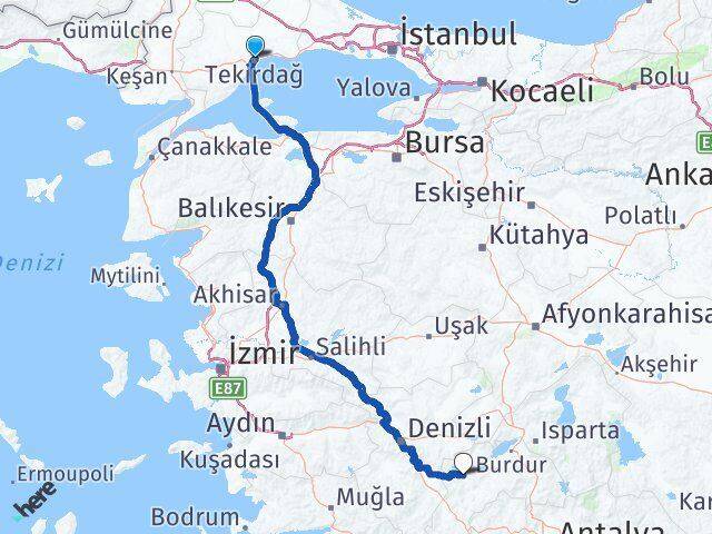 Tekirdağ Yeşilova Burdur Arası Kaç Km - Yol Haritası