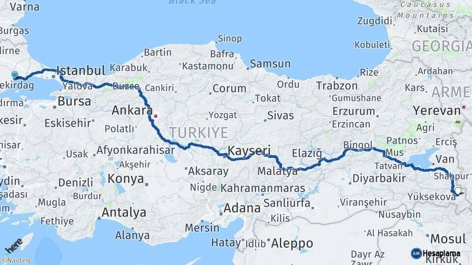 Tekirdağ Yüksekova Hakkari Arası Kaç Km - Yol Haritası