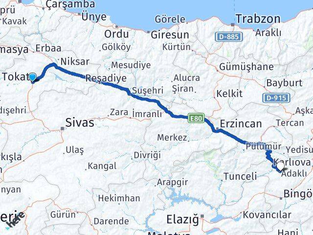 Tokat Adaklı Bingöl Arası Kaç Km - Yol Haritası