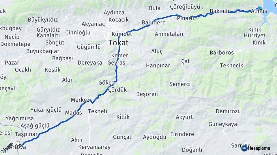 Tokat Almus Artova Arası Kaç Km - Yol Haritası