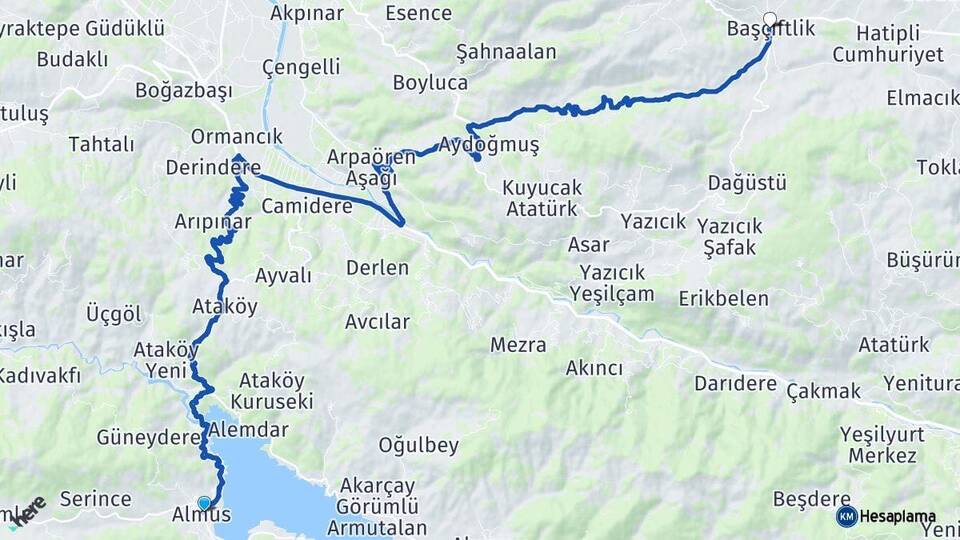 Tokat Almus Başçiftlik Arası Kaç Km - Yol Haritası