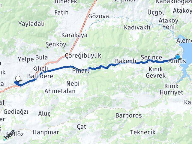 Tokat Almus Doğukent Arası Kaç Km - Yol Haritası