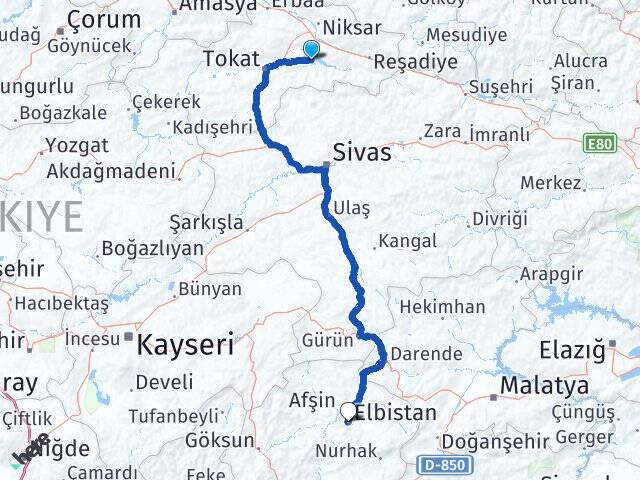 Tokat Almus Elbistan Kahramanmaraş Arası Kaç Km - Yol Haritası