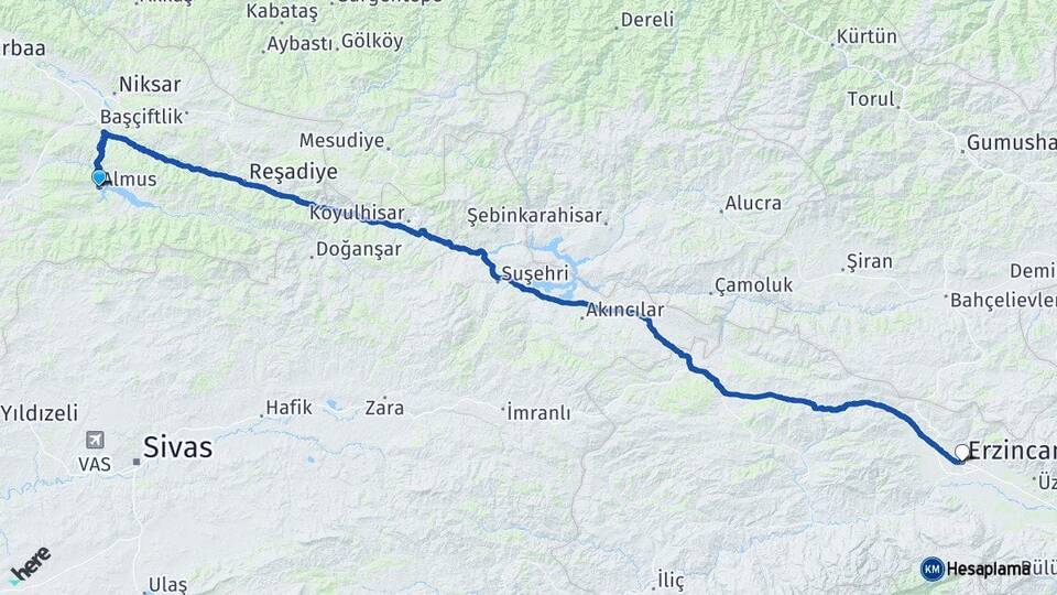 Tokat Almus Erzincan Arası Kaç Km - Yol Haritası