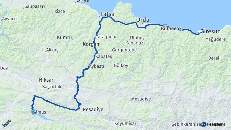 Tokat Almus Giresun Arası Kaç Km - Yol Haritası