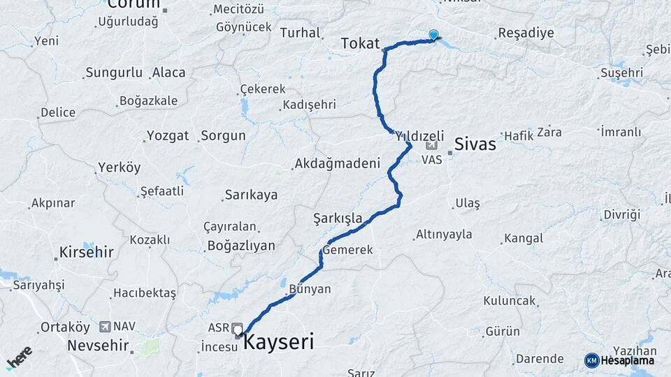 Tokat Almus Kayseri Arası Kaç Km - Yol Haritası