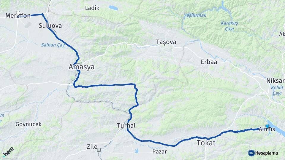 Tokat Almus Merzifon Amasya Arası Kaç Km - Yol Haritası