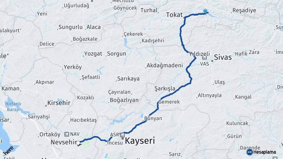 Tokat Almus Nevşehir Arası Kaç Km - Yol Haritası