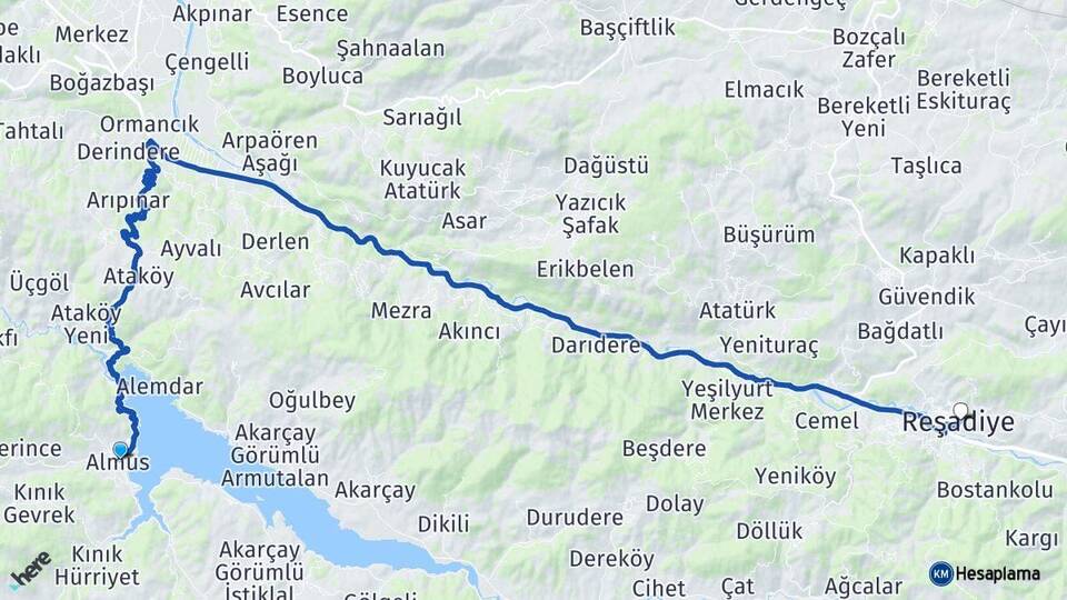 Tokat Almus Reşadiye Arası Kaç Km - Yol Haritası