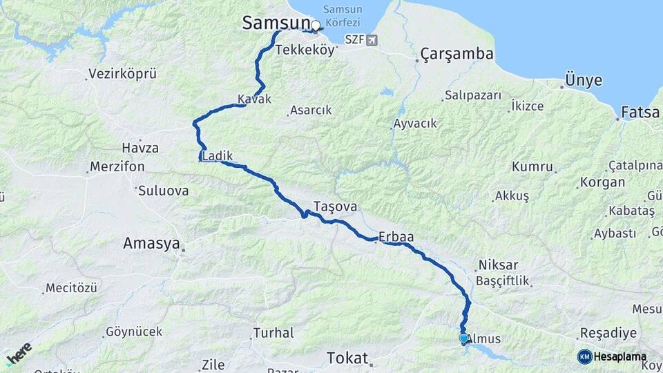 Tokat Almus Samsun Arası Kaç Km - Yol Haritası