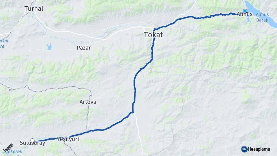 Tokat Almus Sulusaray Arası Kaç Km - Yol Haritası