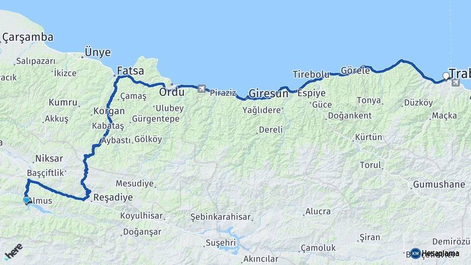 Tokat Almus Trabzon Arası Kaç Km - Yol Haritası